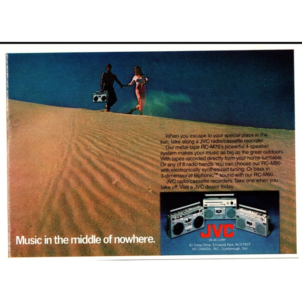 1981 JVC Boom Box Stereo RC-M70 Vintage Print Ad Sand Dune Desert Beach Wall Art